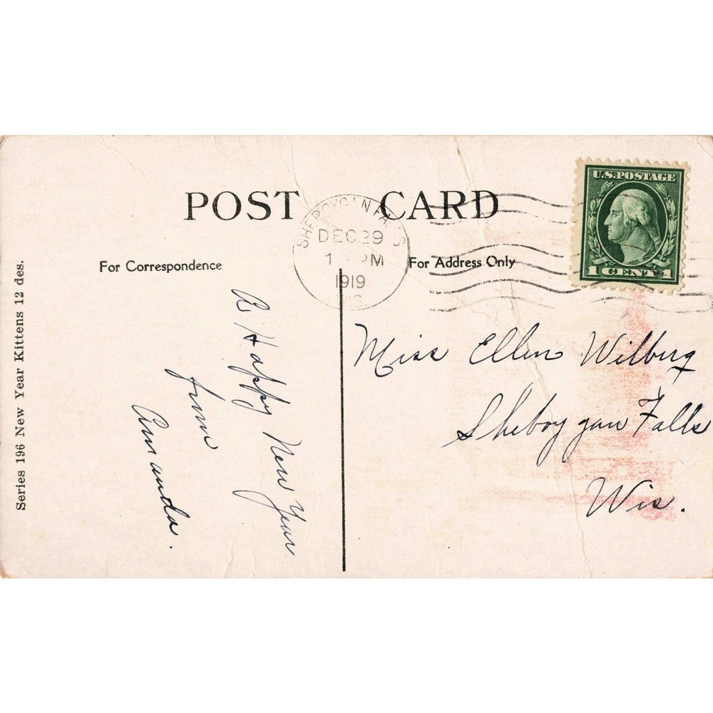 Vtg 1919 New Year Postcard RPPC-Style Kittens Bells Red Cross Seal Sheboygan WI - Picture 2 of 2